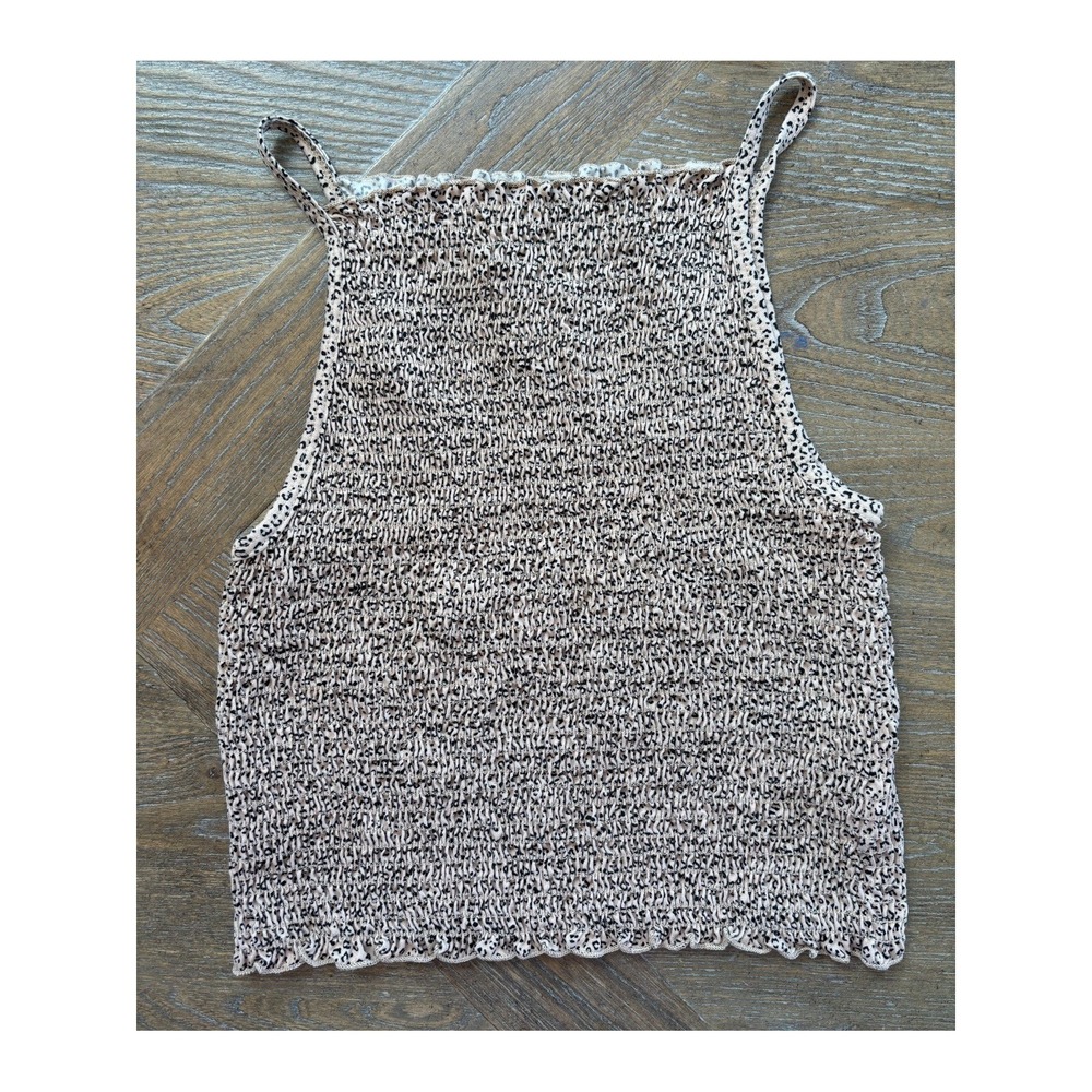 Gaze Smocked Animal Print Cami Tank Top Tan Black Crop High Neck Teens Large